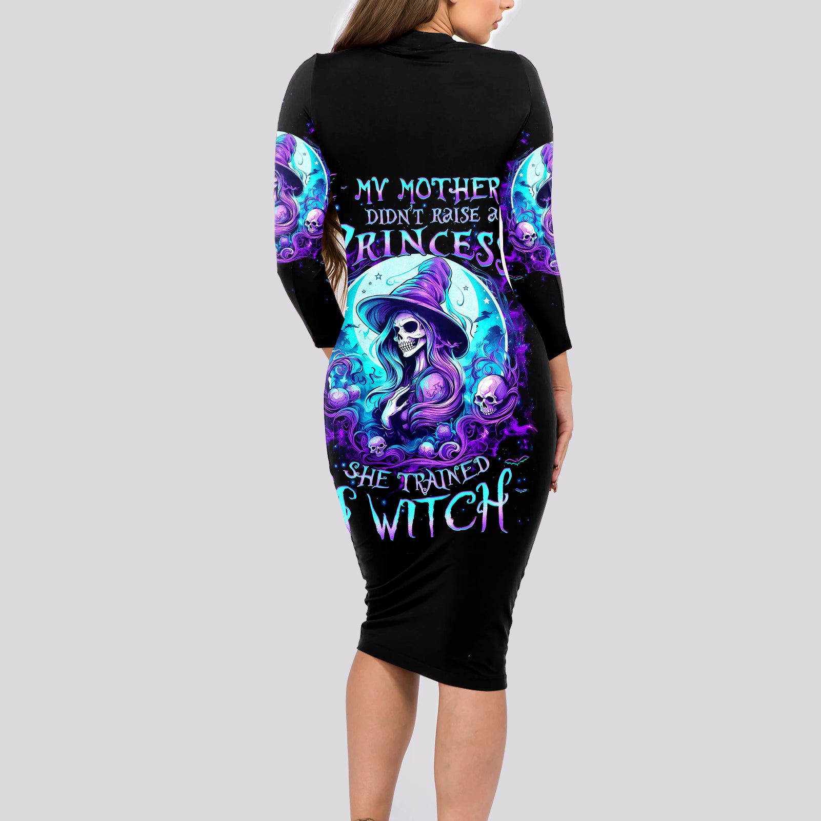 Witch Skull Long Sleeve Bodycon Dress My Mother Didn't Raise A Princess She Trained A Witch - Wonder Print Shop