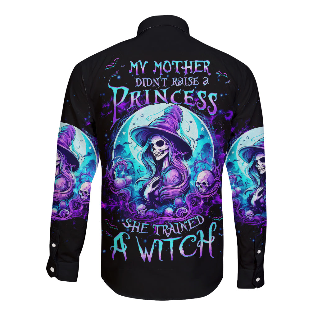 Witch Skull Long Sleeve Button Shirt My Mother Didn't Raise A Princess She Trained A Witch - Wonder Print Shop