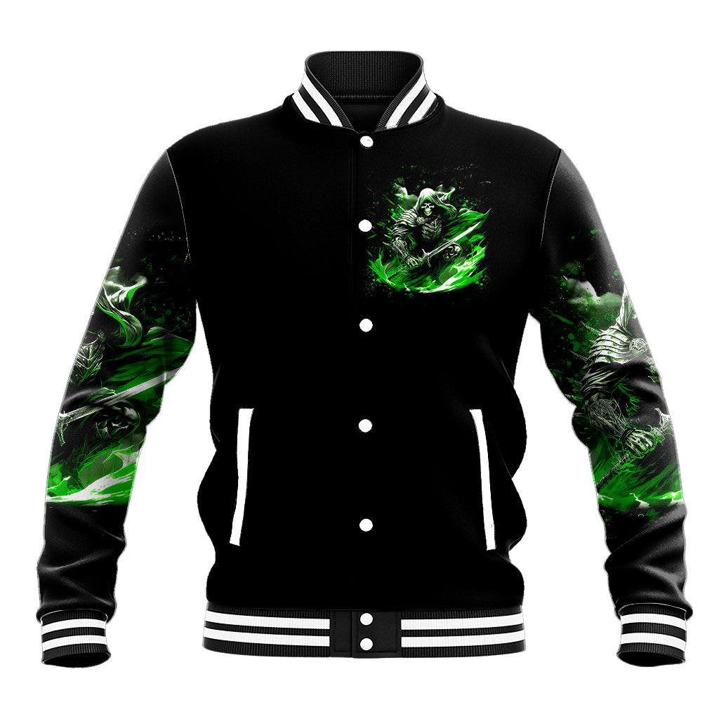 Black baseball jacket with green skull warrior chest graphic, snap buttons, striped rib trim