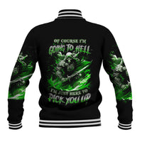 Black baseball jacket with green skull warrior back graphic and striped rib collar