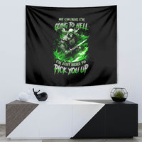 Black tapestry with a centered neon green skull warrior holding a sword, wall hanging