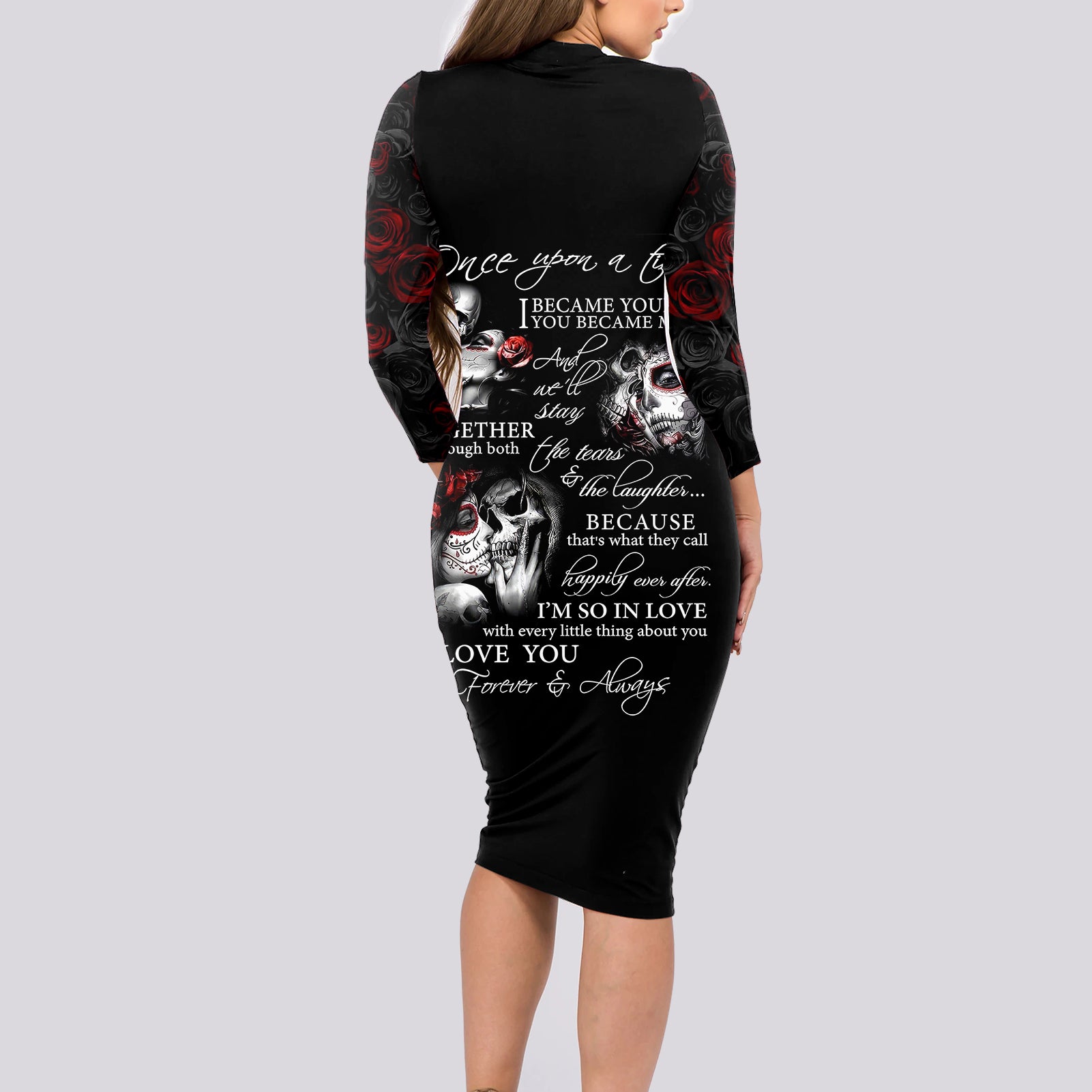 Love Skull Long Sleeve Bodycon Dress Once Upon A Time I Love You Forever And Always - Wonder Print Shop