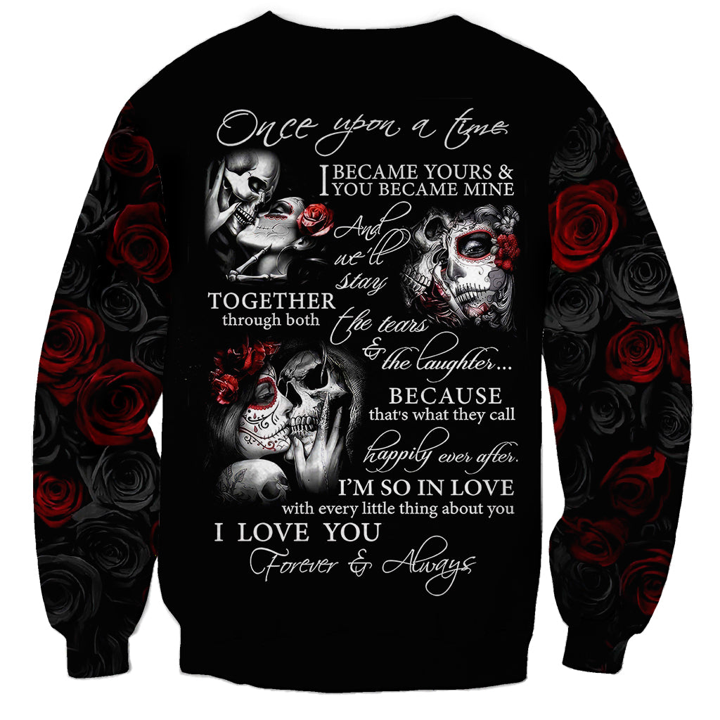Black unisex sweatshirt with skull, roses, and romantic text graphic across back