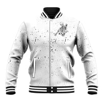 White baseball jacket with front zipper, ribbed striped collar and cuffs, skull skeleton print