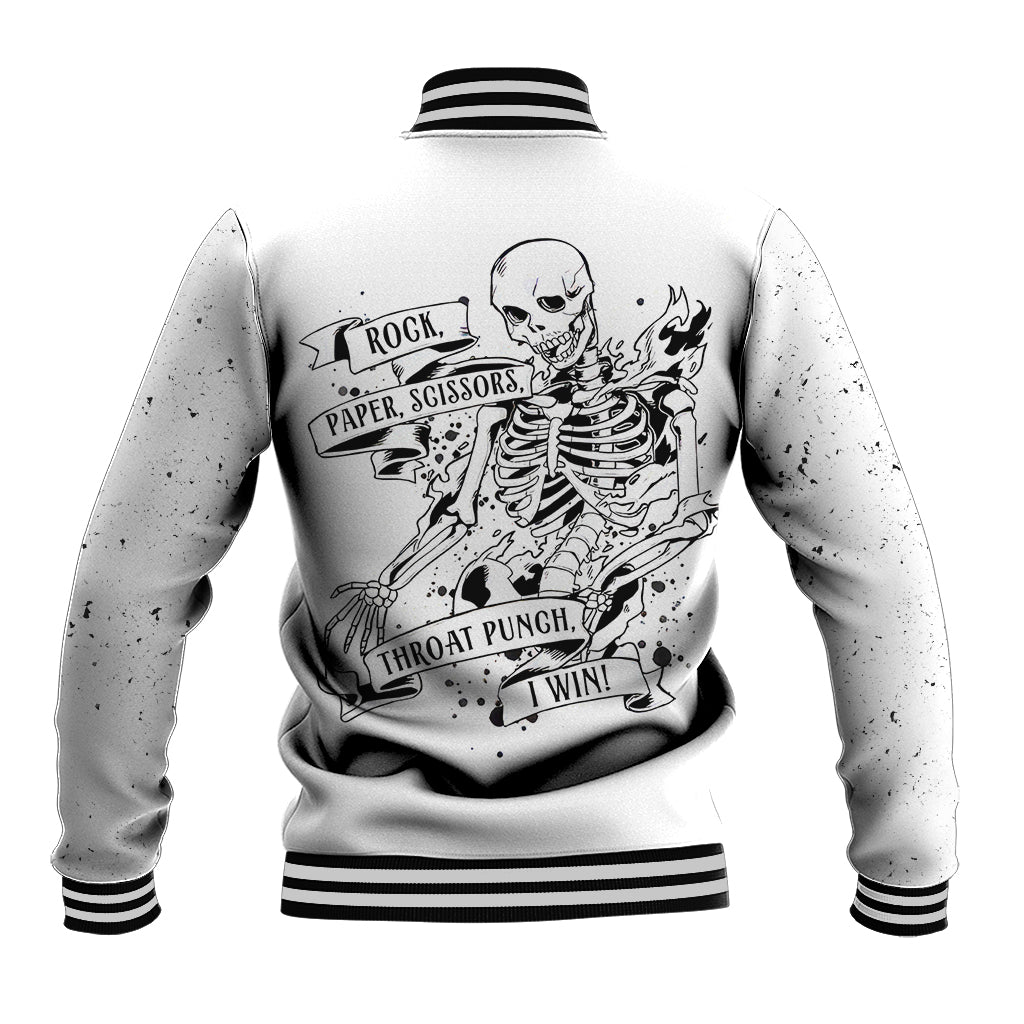 White baseball jacket with ribbed striped collar and back skeleton skull graphic