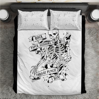 White duvet and two pillows with black skeleton rock-paper-scissors throat punch I win print