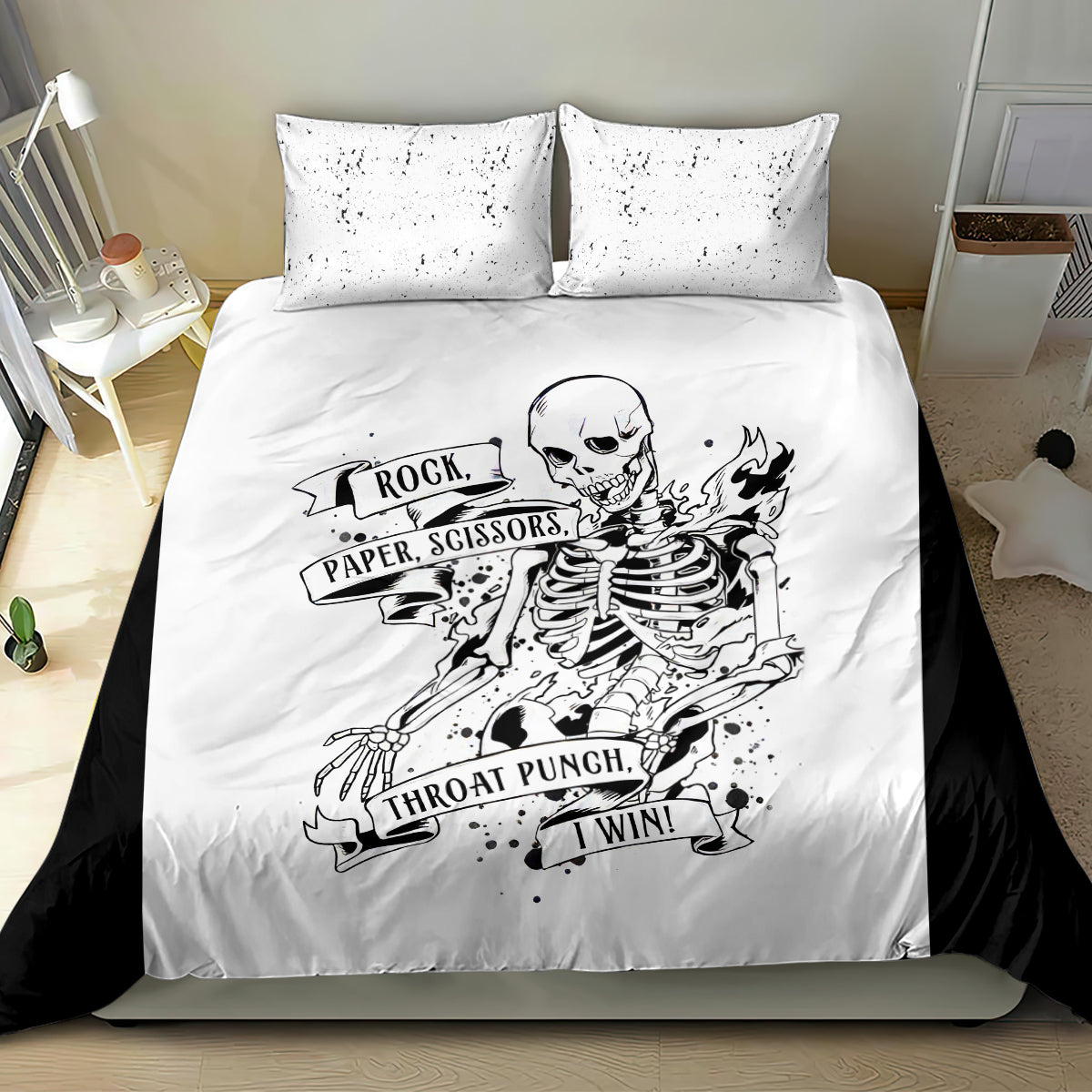 White bedding set with two pillows and black skeleton skull rock-paper-scissors I win artwork