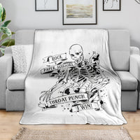 White skull graphic blanket with Rock Paper Scissors and 'Throat Punch, I Win' text