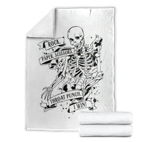 White skull graphic blanket folded set, Rock Paper Scissors and 'I Win' artwork