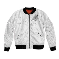 White unisex bomber jacket with front zip and black ribbed hem and cuffs; skeleton graphic front