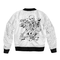 White unisex bomber jacket with black ribbed collar and cuffs; skull graphic on back