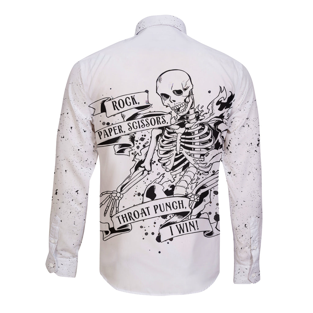 White long-sleeve button shirt with large back skull and game graphic