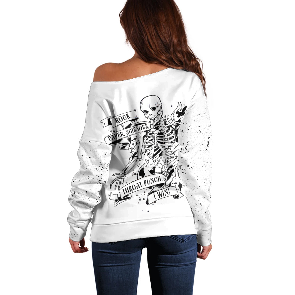 Art Skull Off Shoulder Sweater Rock Paper Scissors Throat Punch I Win - Wonder Print Shop