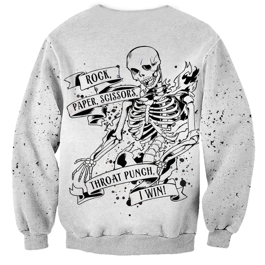 Unisex white sweatshirt with front skull skeleton graphic and game text print