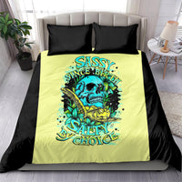 Yellow and black bedding set with skull and turtle graphic, includes two black pillowcases