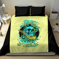 Yellow and black duvet cover with skull and turtle print, two matching black pillowcases