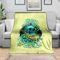 Yellow blanket with teal skull illustration and 'Sassy' and 'Salty Choice' text