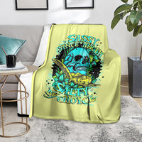 Lime yellow blanket with teal skull artwork and 'Sassy' and 'Salty Choice' text