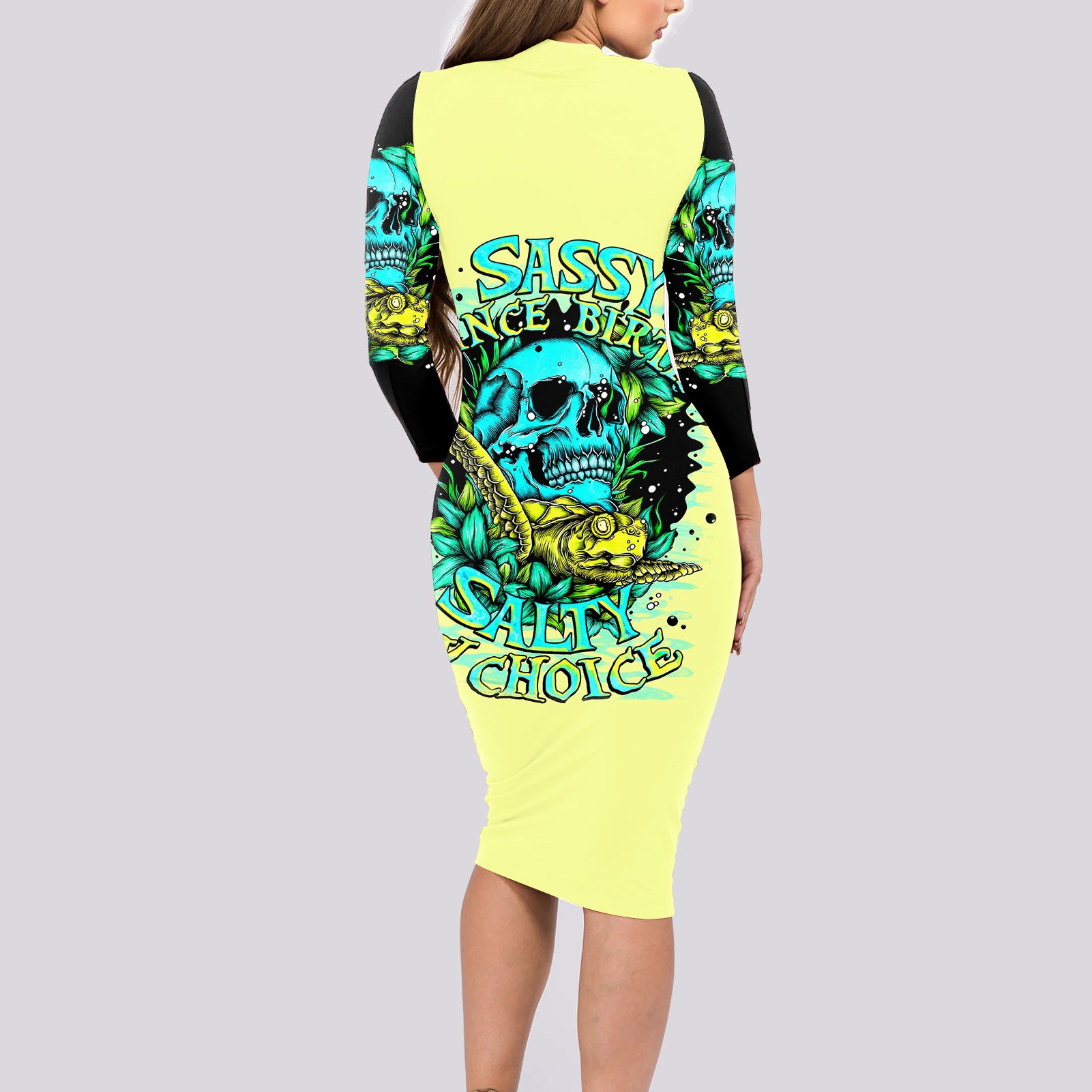 Turtle Skull Long Sleeve Bodycon Dress Sassy Since Birth Salty By Choice - Wonder Print Shop