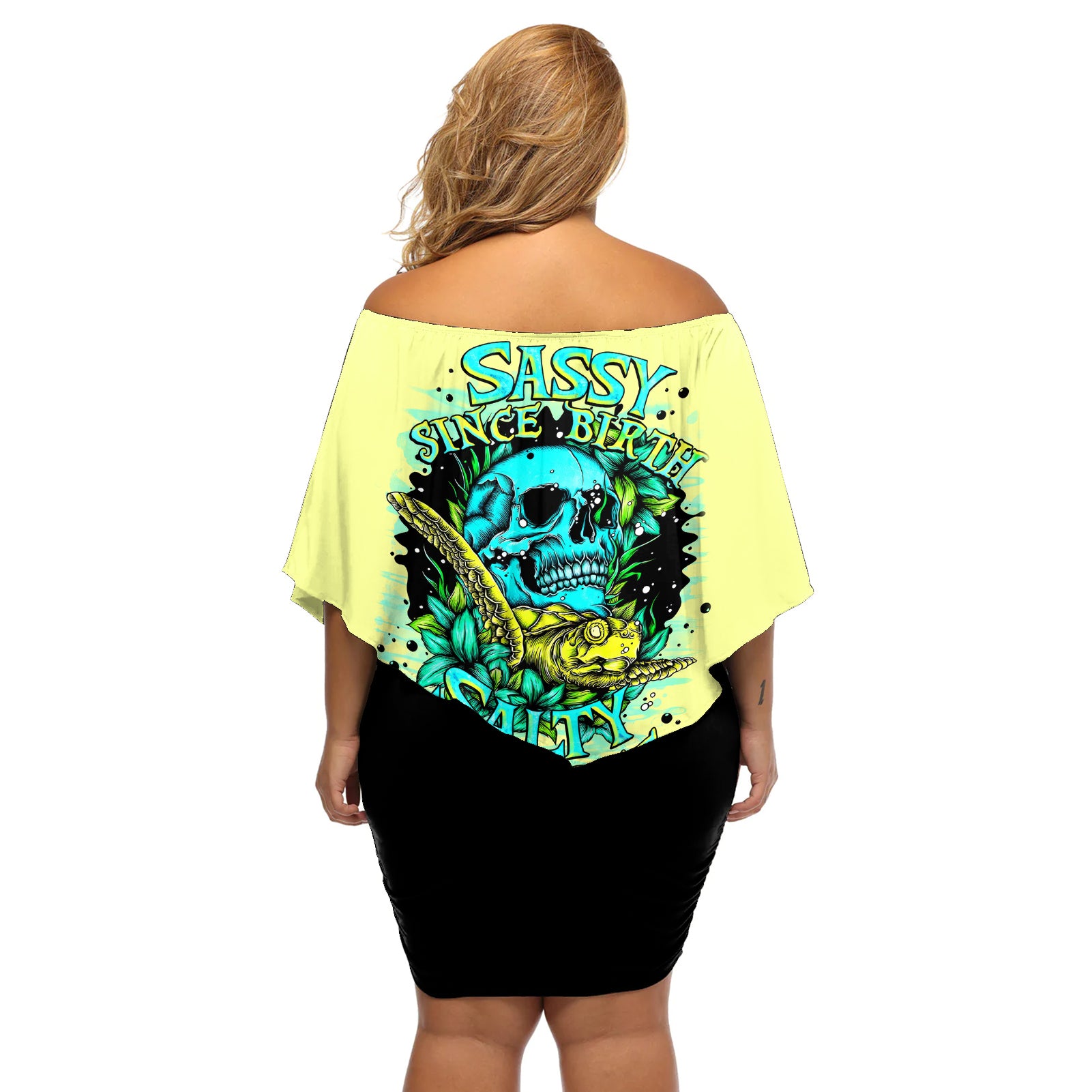 Turtle Skull Off Shoulder Short Dress Sassy Since Birth Salty By Choice - Wonder Print Shop