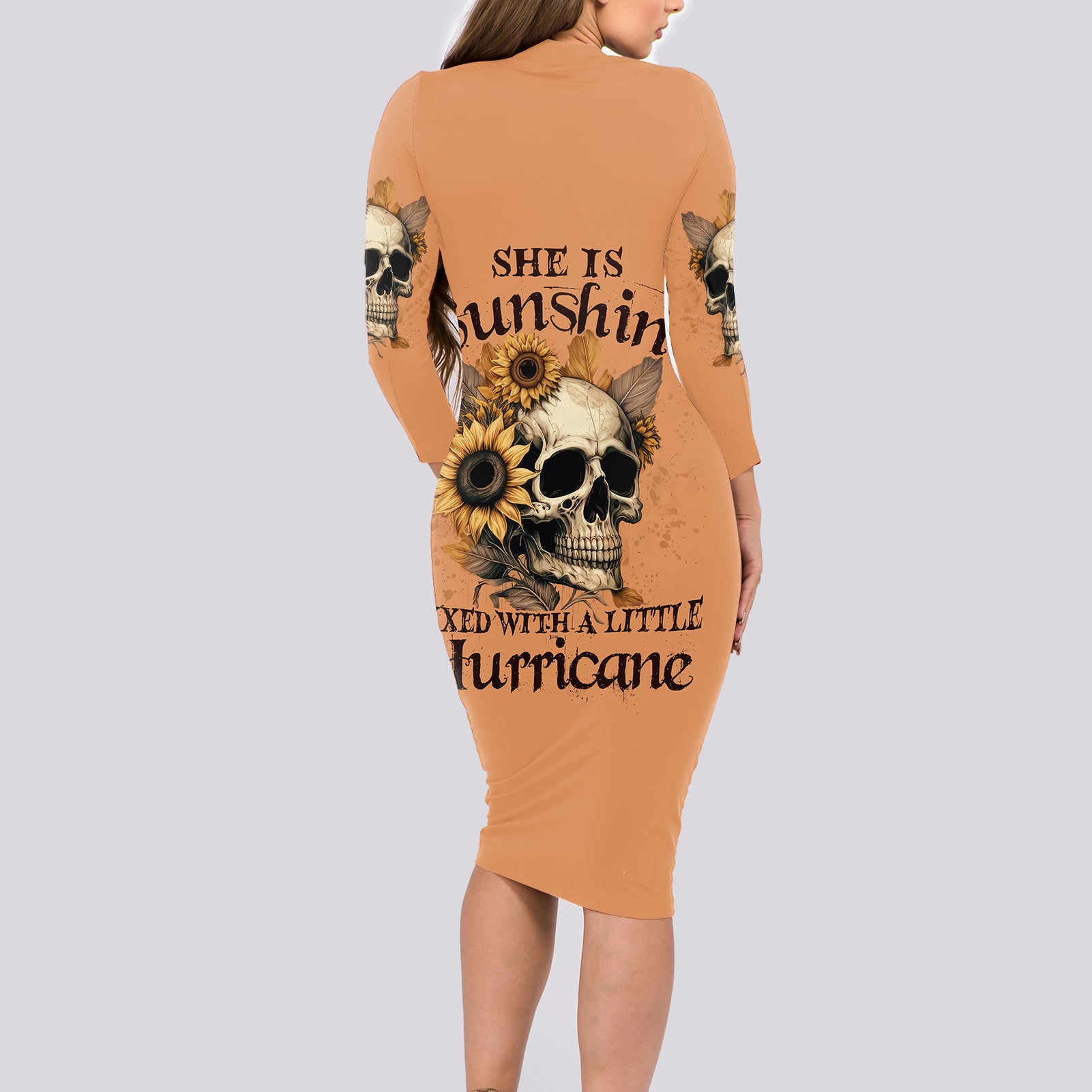 Sunflower Skull Long Sleeve Bodycon Dress She Is Sunshine Mixed With A Little Hurricance - Wonder Print Shop