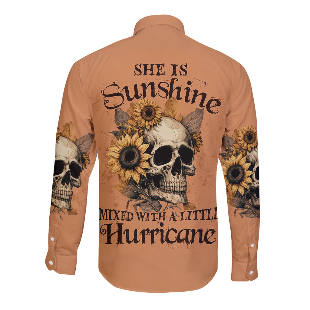 Sunflower Skull Long Sleeve Button Shirt She Is Sunshine Mixed With A Little Hurricance - Wonder Print Shop