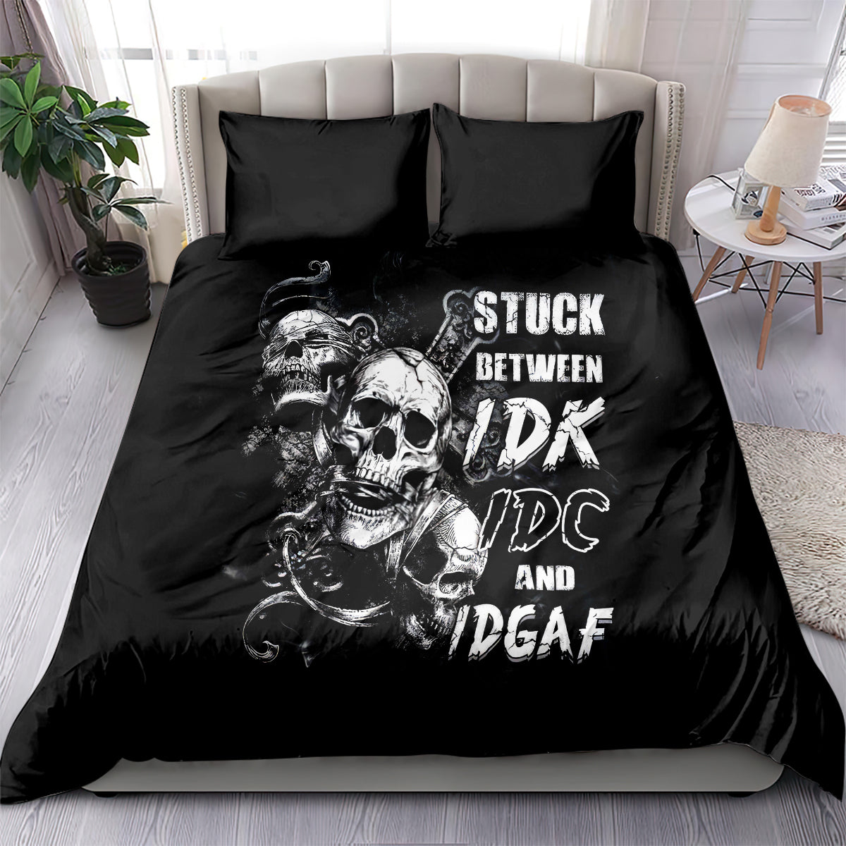 Three Skull Bedding Set Stuck Between Idk Idc And Idgaf - Wonder Print Shop