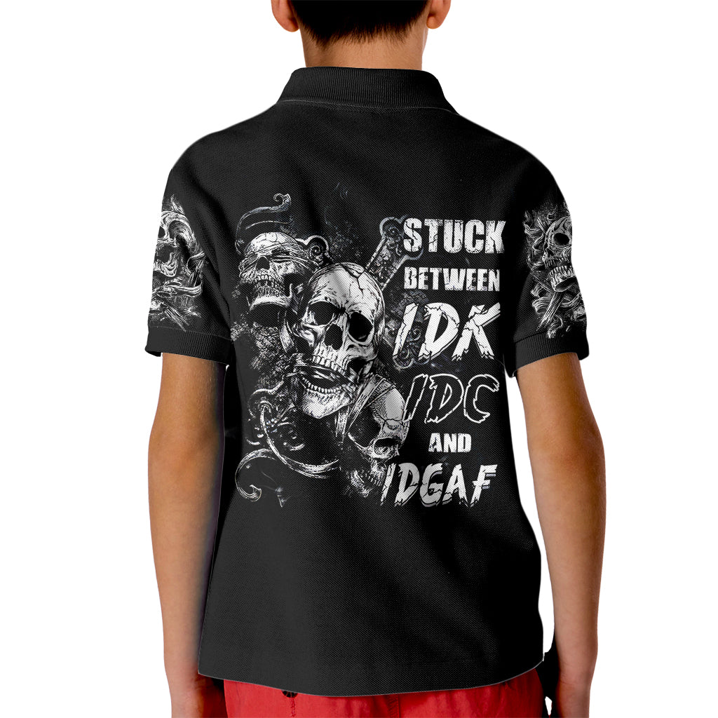 Three Skull Kid Polo Shirt Stuck Between Idk Idc And Idgaf - Wonder Print Shop