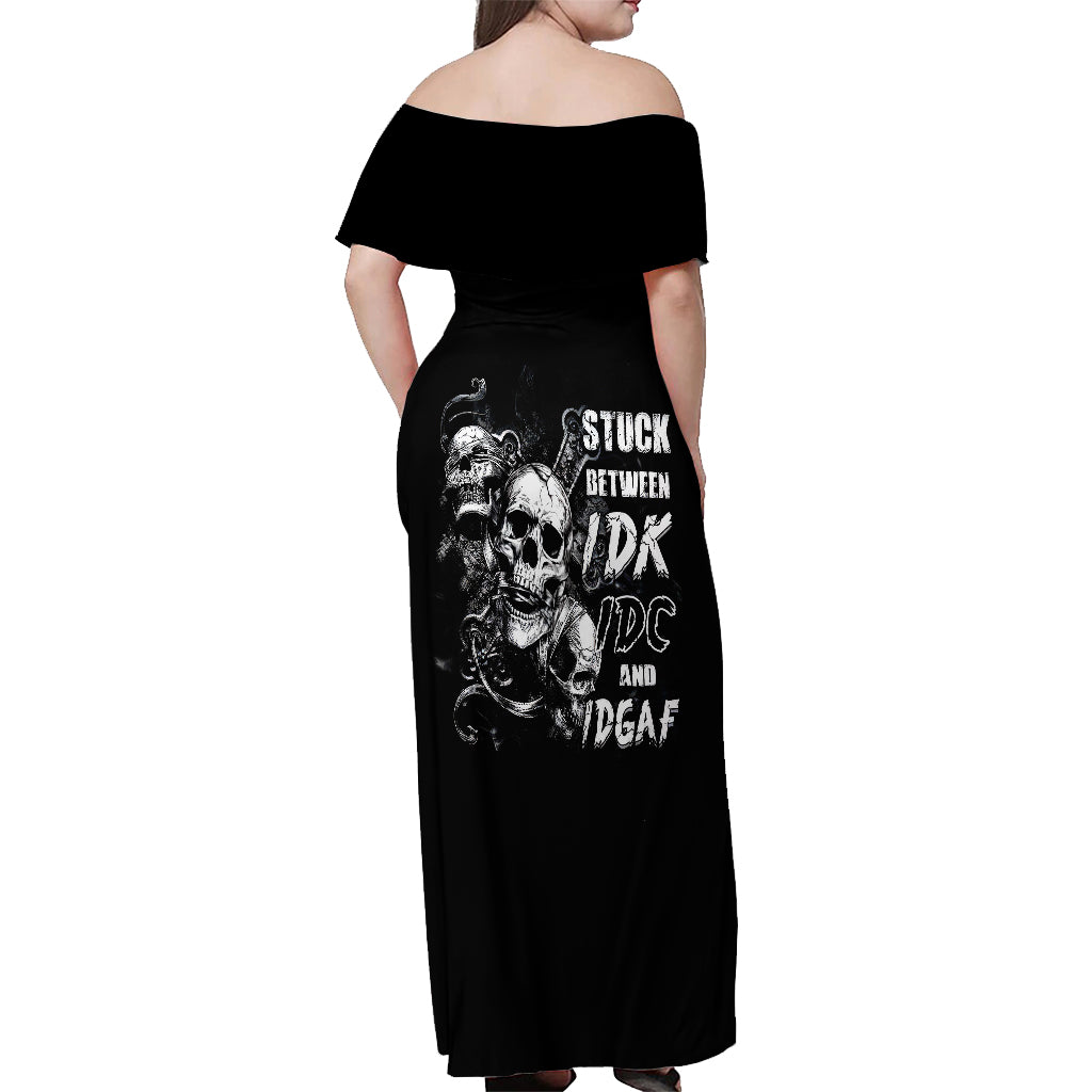 Three Skull Off Shoulder Maxi Dress Stuck Between Idk Idc And Idgaf - Wonder Print Shop