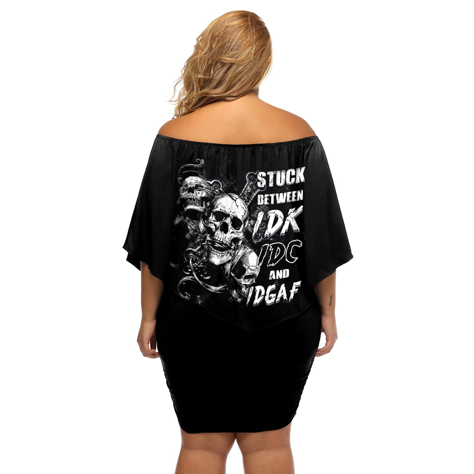 Three Skull Off Shoulder Short Dress Stuck Between Idk Idc And Idgaf - Wonder Print Shop