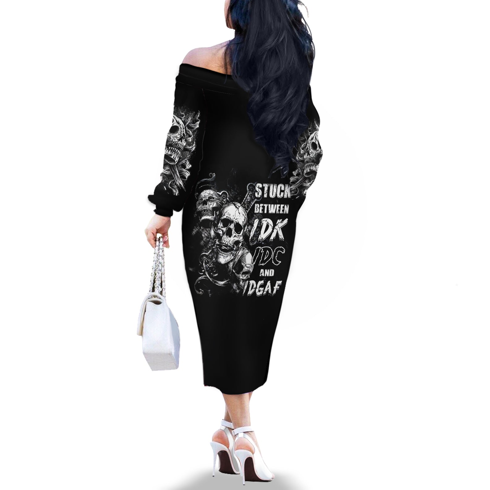 Three Skull Off The Shoulder Long Sleeve Dress Stuck Between Idk Idc And Idgaf - Wonder Print Shop