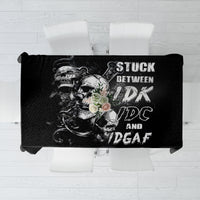 Black skull tablecloth featuring large skull graphic and bold text design across center.