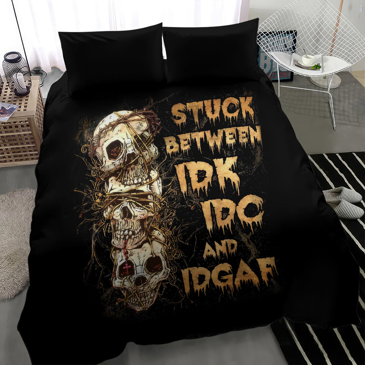 Black skull graphic bedding set with two pillows, diagonal angle on bed