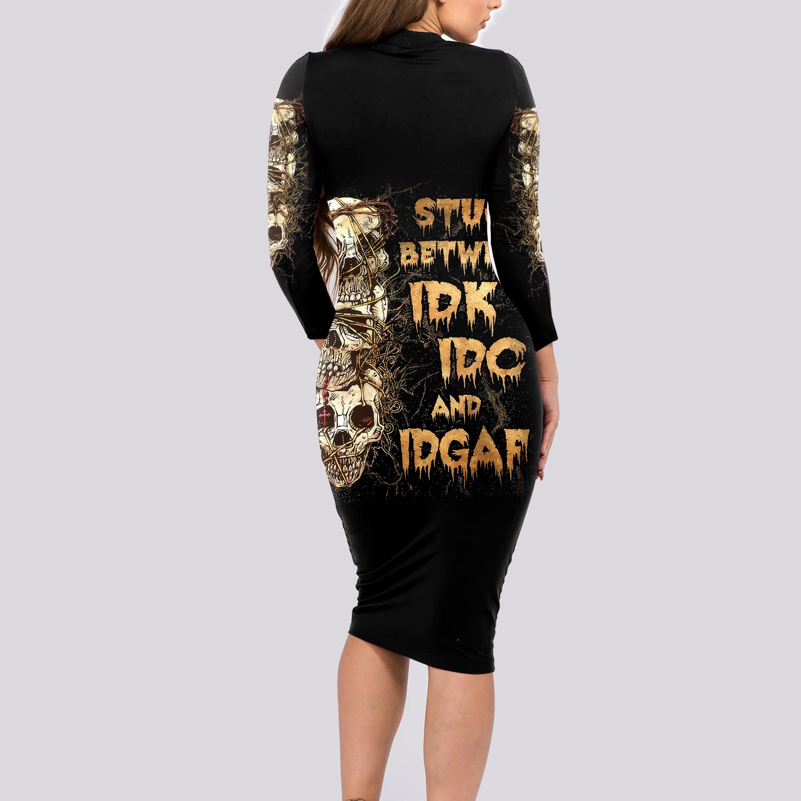 Wire Skull Long Sleeve Bodycon Dress Stuck Between Idk Idc And Idgaf - Wonder Print Shop