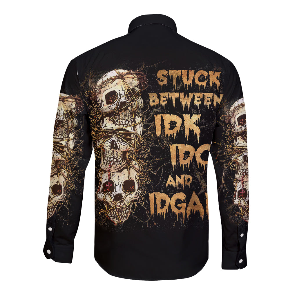 Wire Skull Long Sleeve Button Shirt Stuck Between Idk Idc And Idgaf - Wonder Print Shop