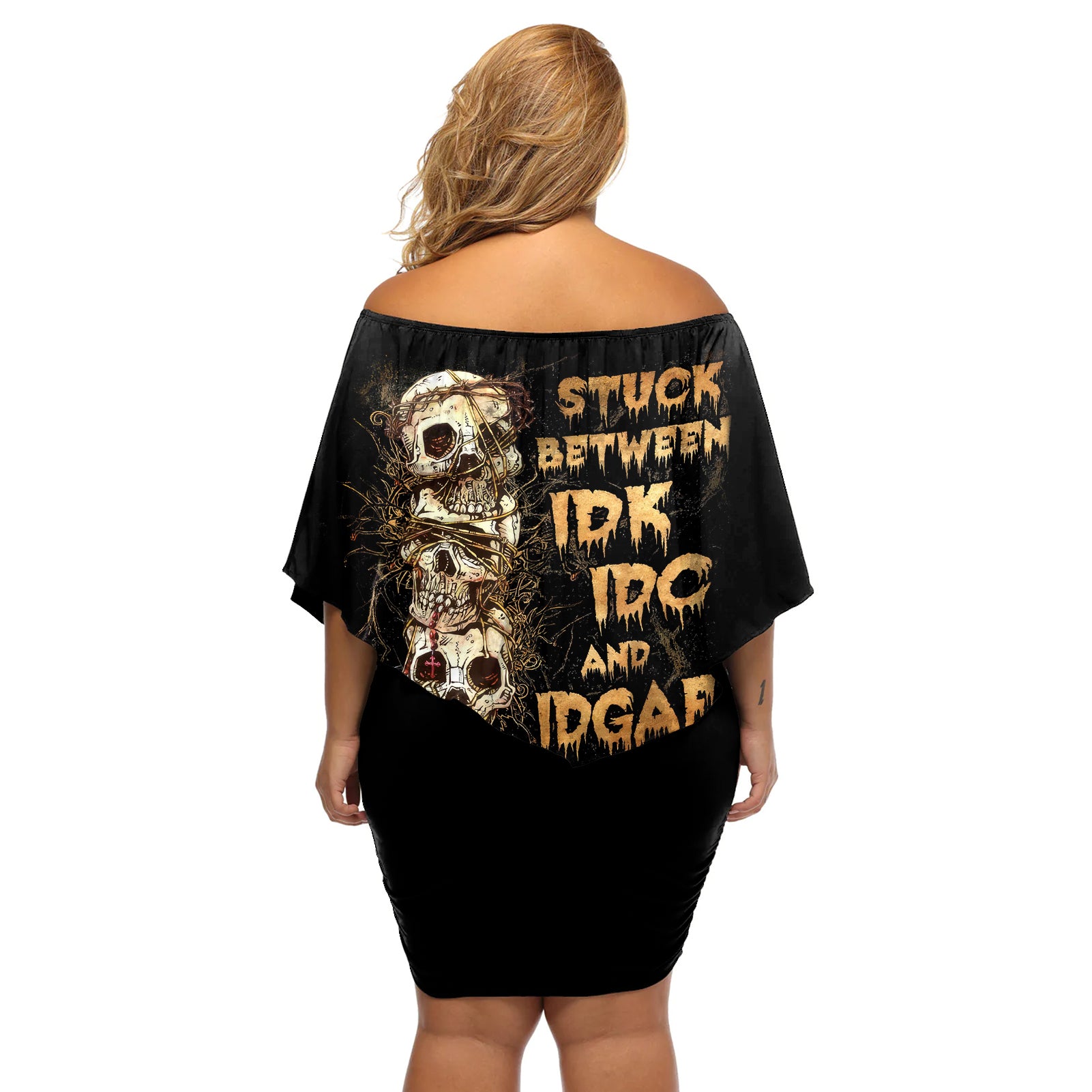 Wire Skull Off Shoulder Short Dress Stuck Between Idk Idc And Idgaf - Wonder Print Shop