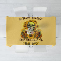Yellow tablecloth center print featuring skull, sunflower bouquet, and text.