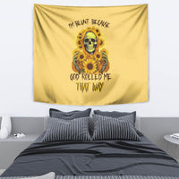 Yellow tapestry with skull in sunflowers and dark text design