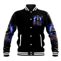 Black varsity baseball jacket with blue devil skull graphic, snap buttons, striped ribbed cuffs