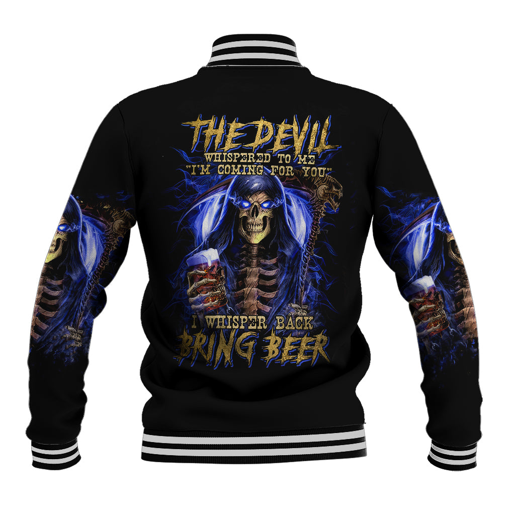 Black baseball jacket with blue devil skull graphic on back and striped ribbed collar