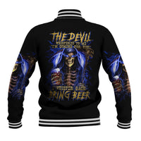 Black baseball jacket with blue devil skull graphic on back and striped ribbed collar