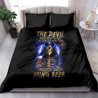 Black bedding set with blue skull reaper graphic on duvet and matching dark pillows