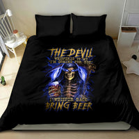 Black bedding set with blue skull reaper graphic on duvet and two dark pillowcases