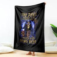 Black blanket draped view with blue winged skull reaper artwork and “Bring Beer”