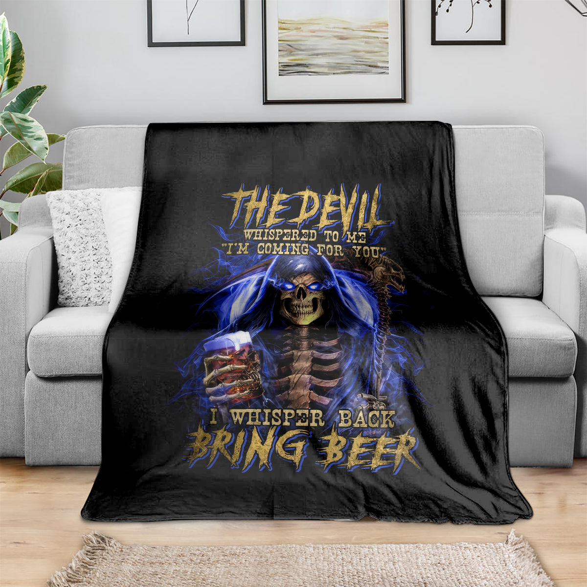 Black throw blanket with blue skull reaper graphic and “Bring Beer” text design