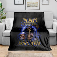 Black throw blanket with blue skull reaper graphic and “Bring Beer” text design
