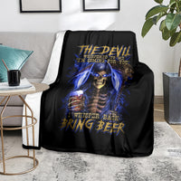 Black throw blanket featuring blue skull reaper and “Bring Beer” lettering on front