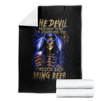 Black blanket folded with blue skull reaper artwork and “Bring Beer” text design
