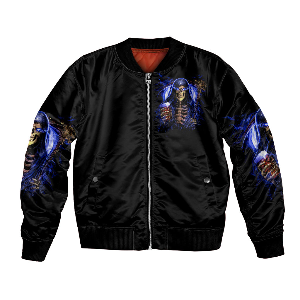 Black bomber jacket with zip front, ribbed hem, blue skull reaper chest graphic