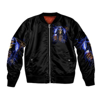 Black bomber jacket with zip front, ribbed hem, blue skull reaper chest graphic